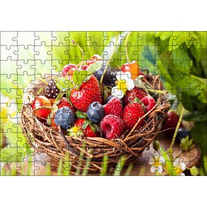 Çilek Ahududu Yaban Mersini Kiraz Meyve Sepeti Görseli Puzzle Yapboz Mdf Ahşap 120 Parça
