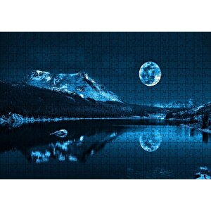 Karlı Dağ, Orman, Göl Ve Süper Ay Puzzle Yapboz Mdf Ahşap 500 Parça