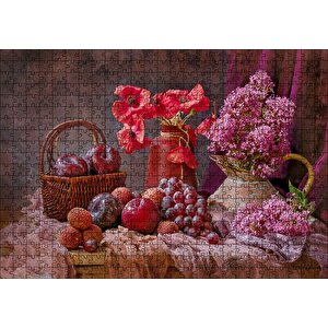 Vazolarda Sümbül Ve Gelincikler Sepette Taze Meyveler Puzzle Yapboz Mdf Ahşap 500 Parça