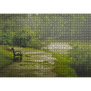 Yağmurda Yemyeşil Orman Ve Boş Bank Puzzle Yapboz Mdf Ahşap 1000 Parça