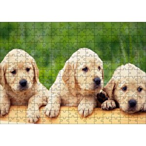 Kütüğün Üzerinde Üç Sevimli Labrador Puzzle Yapboz Mdf Ahşap 255 Parça