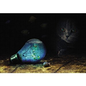 Ampul Balıklar Kedi Mavi Salyangoz Puzzle Yapboz Mdf Ahşap 255 Parça