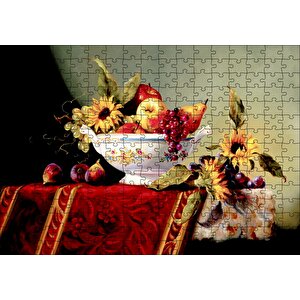 Seramik Tabakta Taze Meyveler Ve Çiçekler Puzzle Yapboz Mdf Ahşap 255 Parça