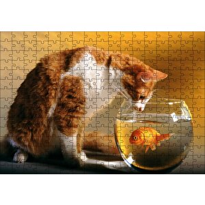 Fanustaki Balık Ve İzleyen Kedi Puzzle Yapboz Mdf Ahşap 255 Parça