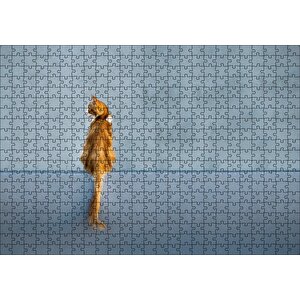 Mavi Duvar Önündeki Sarı Kedi Puzzle Yapboz Mdf Ahşap 500 Parça