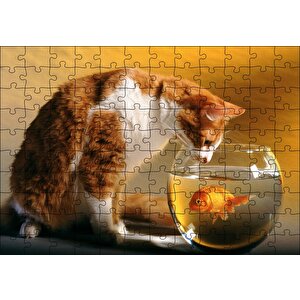 Fanustaki Balık Ve İzleyen Kedi Puzzle Yapboz Mdf Ahşap 120 Parça