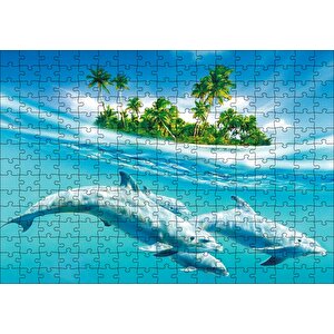 Tropik Ada Ve Berrak Sulardaki Yunuslar Puzzle Yapboz Mdf Ahşap 255 Parça