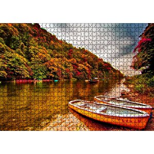 Sonbahar Renklerinde Orman Ve Nehirde Kayıklar Puzzle Yapboz Mdf Ahşap 1000 Parça