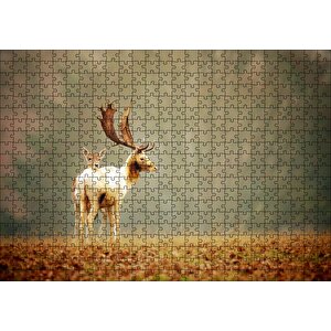 Yerde Sonbahar Yaprakları Ve Anne Geyikle Yavrusu Puzzle Yapboz Mdf Ahşap 500 Parça