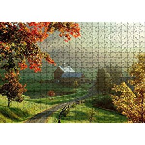 Sonbaharda Hala Yeşil Çayırlar Ve Uzaktaki Ev Puzzle Yapboz Mdf Ahşap 500 Parça