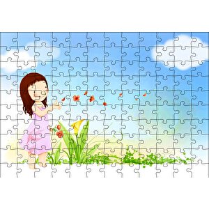 Küçük Kız, Çiçekler Ve Bulutlar Puzzle Yapboz Mdf Ahşap 120 Parça