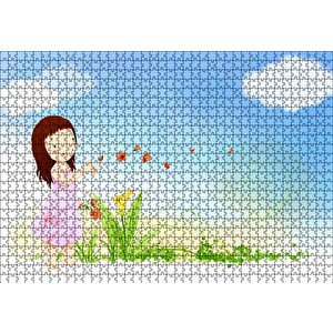 Küçük Kız, Çiçekler Ve Bulutlar Puzzle Yapboz Mdf Ahşap 1000 Parça