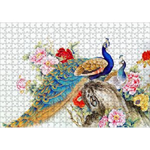Tavuskuşları Ve Çiçekler Dijital Çizim Puzzle Yapboz Mdf Ahşap 500 Parça