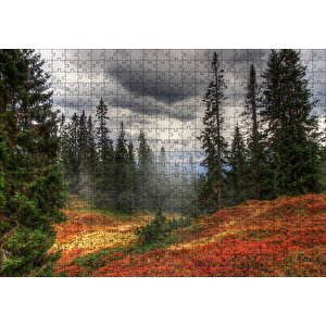 Orman Kara Bulutlar Turuncu Çiçekler Puzzle Yapboz Mdf Ahşap 500 Parça