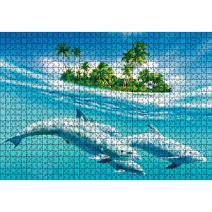 Tropik Ada Ve Berrak Sulardaki Yunuslar Puzzle Yapboz Mdf Ahşap 1000 Parça