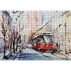 Toronto Sokaklarında Tramvay Araçlar Ve Yayalar Puzzle Yapboz Mdf Ahşap 500 Parça
