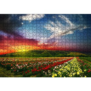Günbatımında Tepeler Ve Rengarenk Çiçekler Puzzle Yapboz Mdf Ahşap 500 Parça