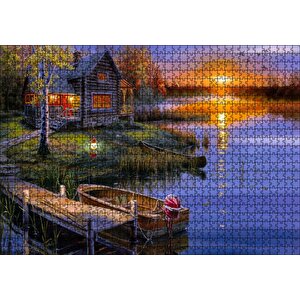 Günbatımında Göl Ağaç Ev Ve Kayıklar Puzzle Yapboz Mdf Ahşap 1000 Parça