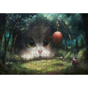 Koyu Orman Ve Sevimli Dev Kedicik Puzzle Yapboz Mdf Ahşap 255 Parça