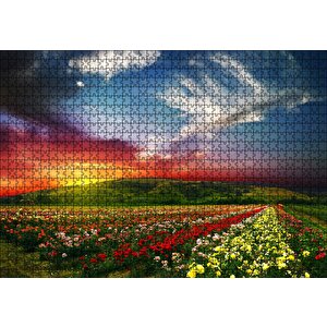 Günbatımında Tepeler Ve Rengarenk Çiçekler Puzzle Yapboz Mdf Ahşap 1000 Parça