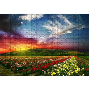 Günbatımında Tepeler Ve Rengarenk Çiçekler Puzzle Yapboz Mdf Ahşap 255 Parça