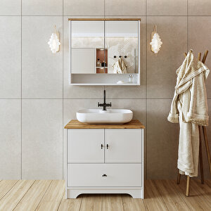 Oval Lavabolu Mat Beyaz Mdf 80 Cm Çekmeceli Banyo Dolabı  Aynalı Üst Dolabı