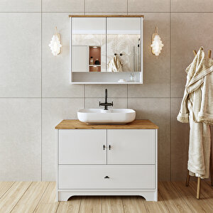 Oval Lavabolu Mat Beyaz Mdf 100 Cm Çekmeceli Banyo Dolabı Ve Aynalı Üst Dolabı