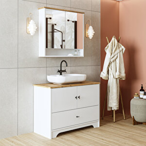 Oval Lavabolu Mat Beyaz Mdf 100 Cm Çekmeceli Banyo Dolabı Ve Aynalı Üst Dolabı