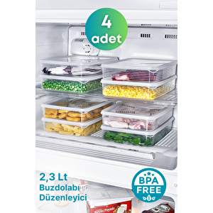 4 Adet Buzdolabı Düzenleyici Saklama Kabı Seti 2,3 Lt Şeffaf- Sebze Meyve Erzak Saklama -dipfriz