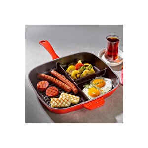 Lava Döküm Dikdörtgen 3 Bölmeli Izgara Tava Döküm Demir Yekpare Saplı Ölçü: 26x30 Cm.
