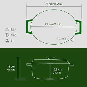 Lava Döküm Oval Tencere Döküm Demir Yekpare Kulplu Premium Serisi Ölçü 23x29cm.