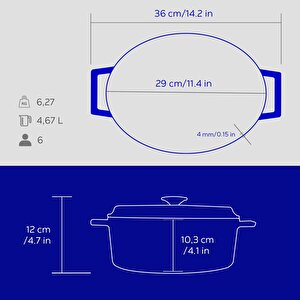 Lava Döküm Oval Tencere Döküm Demir Yekpare Kulplu Premium Serisi Ölçü 23x29cm.