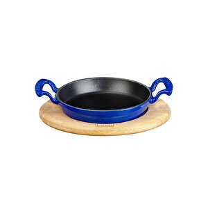 Döküm Yuvarlak Sahan Döküm Demir Yekpare Çift Kulplu Kayın Servis Ahşabı. Çap(ø)20cm. Mavi