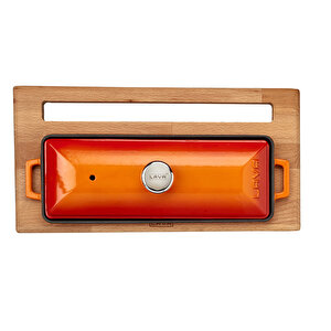 Döküm Ekmek Tenceresi / Kayın Ağacı Servis Standı / Terrine Serisi. Ölçü 11x29cm. Turuncu