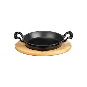 Döküm Yuvarlak Sahan Döküm Demir Yekpare Çift Kulplu Kayın Servis Ahşabı. Çap(ø)20cm. Siyah