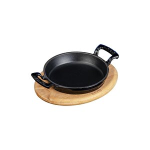 Döküm Yuvarlak Sahan Döküm Demir Yekpare Çift Kulplu Kayın Servis Ahşabı. Çap(ø)20cm. Siyah