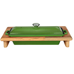 Döküm Ekmek Tenceresi / Kayın Ağacı Servis Standı / Terrine Serisi. Ölçü 11x29cm. Yeşil
