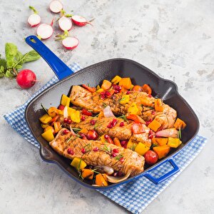 Lava Döküm Kare Izgara Tava Cam Kapaklı Döküm Demir Yekpare Saplı Ölçü 26x26cm.