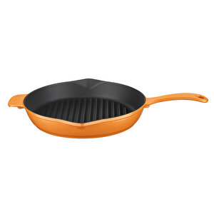 Döküm Yuvarlak Izgara Tavası Döküm Demir Yekpare Saplı Spring Serisi Çap(ø)28cm. Turuncu