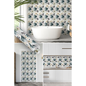 Mavi Çiçek Desenli Yapışkanlı Folyo, Su Geçirmez Mat, Mutfak Tezgaharası Duvar Mobilya 0306 45x500 cm 