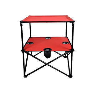 2 Katlı Rejisör Kamp Masası Katlanabilir Bahçe Masası Bardaklıklı Taşıma Çantalı Piknik Masası - Kırmızı