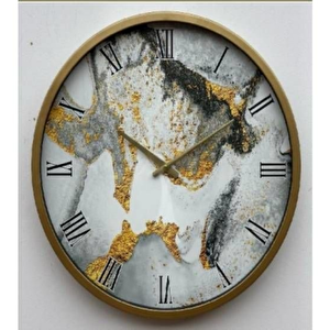 Çarksız Saat Çap 60 Altın-Mermer Desen Duvar Saati