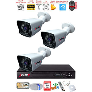 3 Kameralı 2mp Full Hd Görüntü 6 Atom Led Gece Görüşlü Dış Mekan Güvenlik Kamerası Seti 500gb