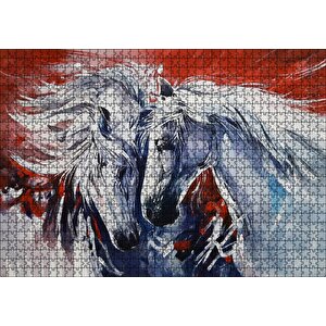 İki Beyaz Kısrak Kırmızı Arkaplan Puzzle Yapboz Mdf Ahşap 1000 Parça