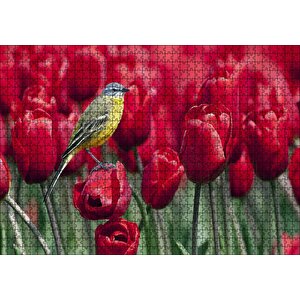 Kırmızı Gelincikler Üzerindeki Sarı Kuş Puzzle Yapboz Mdf Ahşap 1000 Parça