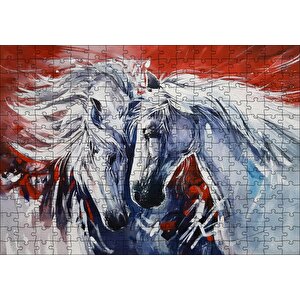 İki Beyaz Kısrak Kırmızı Arkaplan Puzzle Yapboz Mdf Ahşap 255 Parça