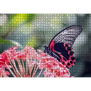 Pembe Çiçekler Ve Siyah Kırmızı Kelebek Puzzle Yapboz Mdf Ahşap 1000 Parça