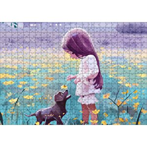 Küçük Kız Sarı Çiçekler Ve Yavru Köpek Puzzle Yapboz Mdf Ahşap 500 Parça