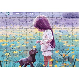 Küçük Kız Sarı Çiçekler Ve Yavru Köpek Puzzle Yapboz Mdf Ahşap 120 Parça