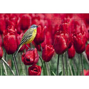 Kırmızı Gelincikler Üzerindeki Sarı Kuş Puzzle Yapboz Mdf Ahşap 120 Parça
